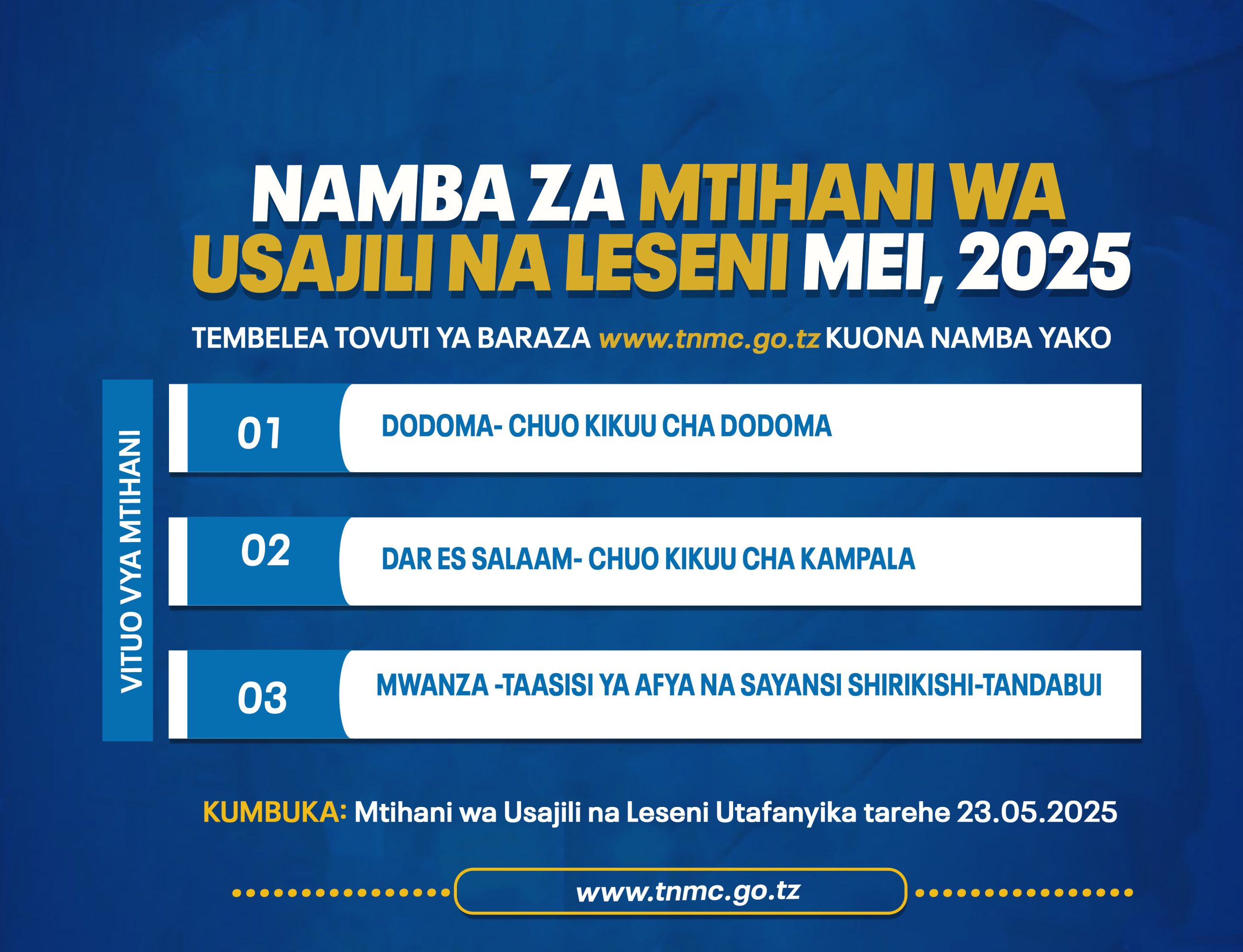 NAMBA ZA MTIHANI WA USAJILI NA LESENI MEI, 2025